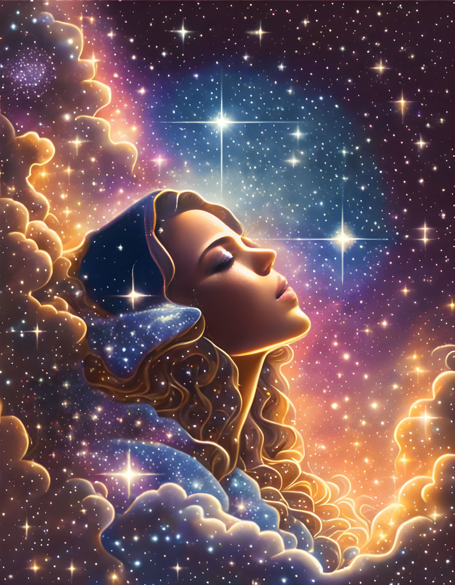 Profile of woman blending with starry cosmos and galaxies in serene image