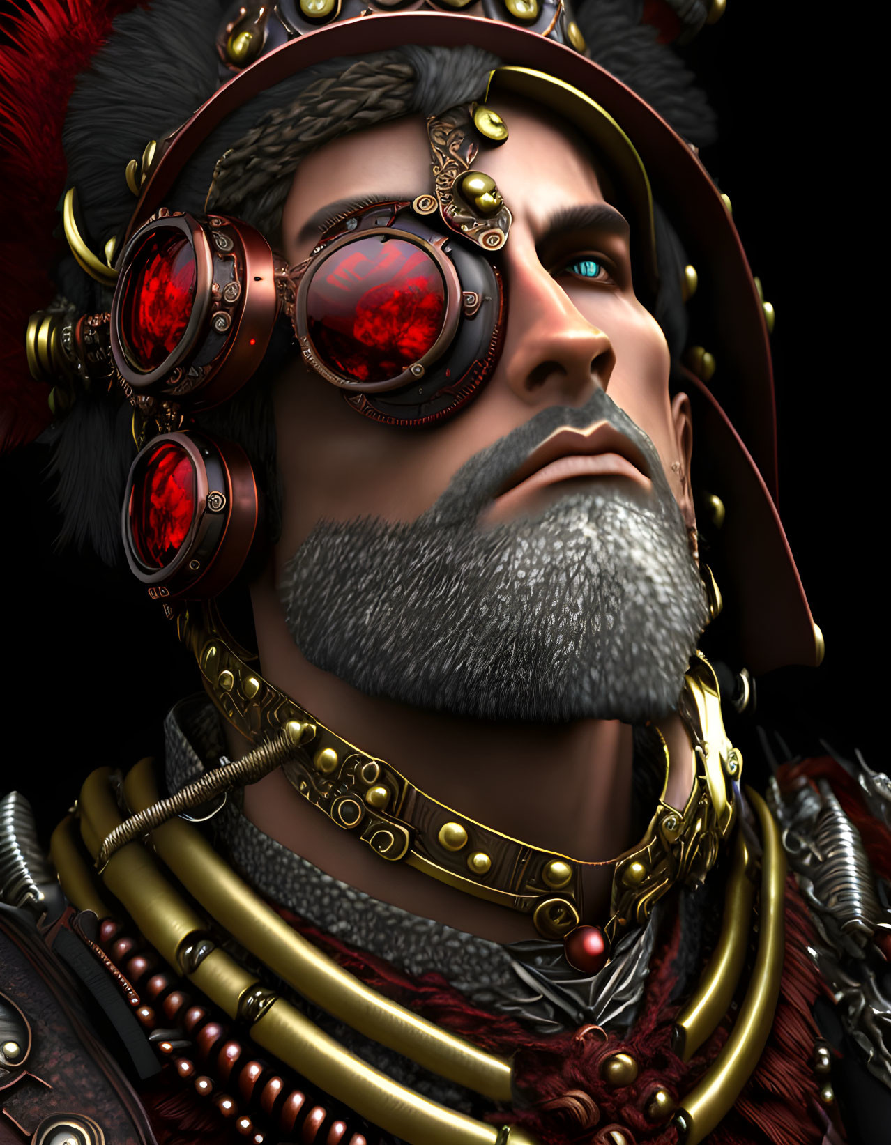 Detailed 3D Illustration: Man in Steampunk Goggles & Golden Armor