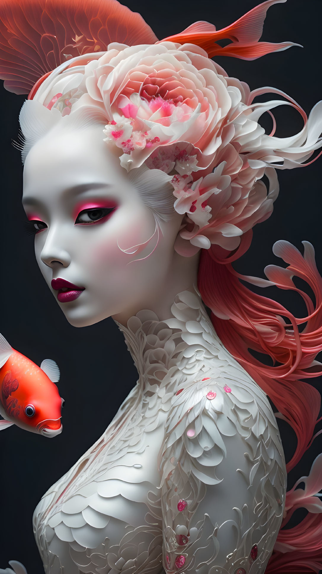 Surreal artwork: Pale woman with white floral headpiece, koi fish, red accents