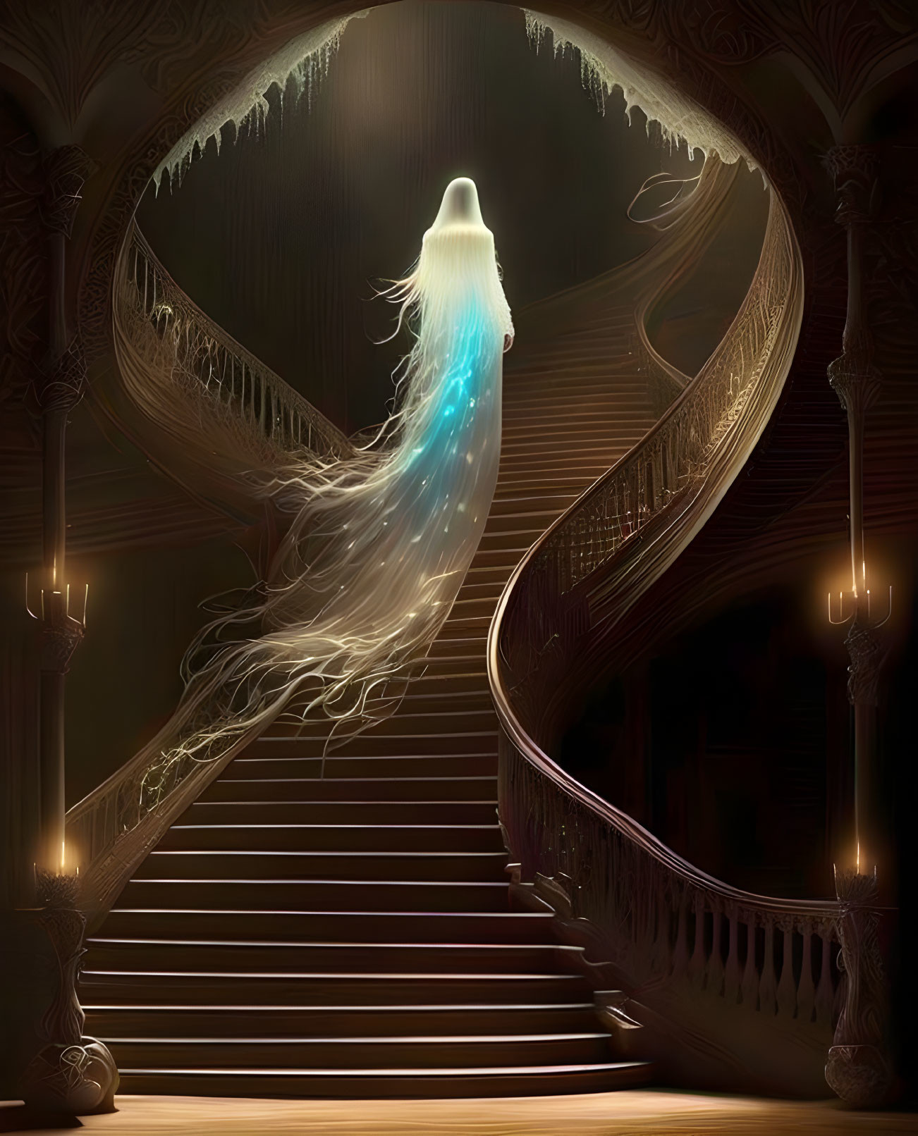 Ethereal ghostly figure on grand, dimly lit staircase