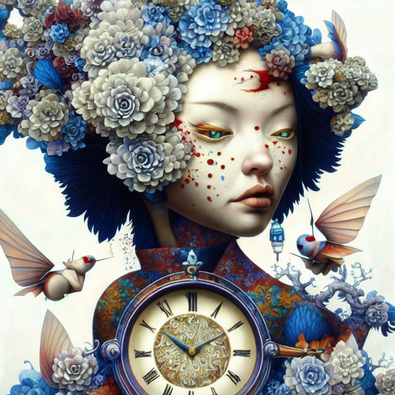 Surreal portrait of woman with floral, butterfly motifs, freckles, timepiece, hint