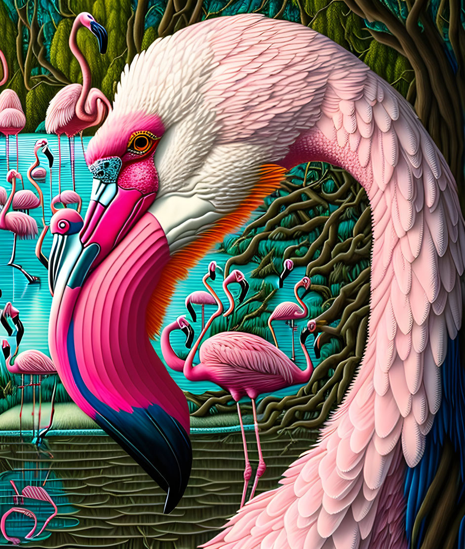 Colorful digital artwork of stylized flamingos in lush tropical setting