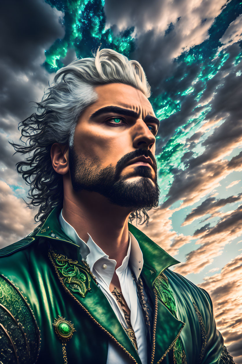 Man with White Hair and Beard Gazes Upwards Against Dramatic Sky