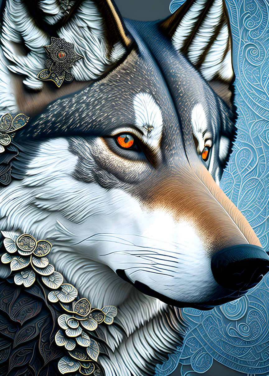 Detailed digital artwork: Wolf with orange eyes, metallic adornments, on blue patterned background