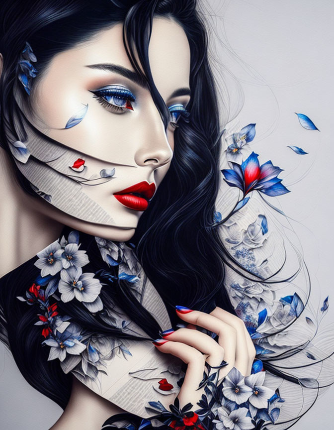 Stylized illustration of a woman with dark hair and floral elements