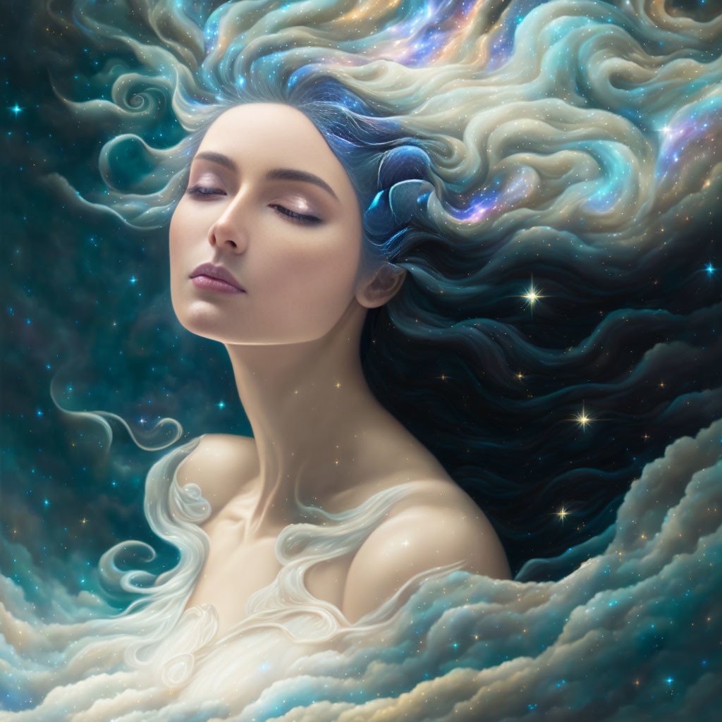 Woman with flowing hair blending into cosmic night sky full of stars