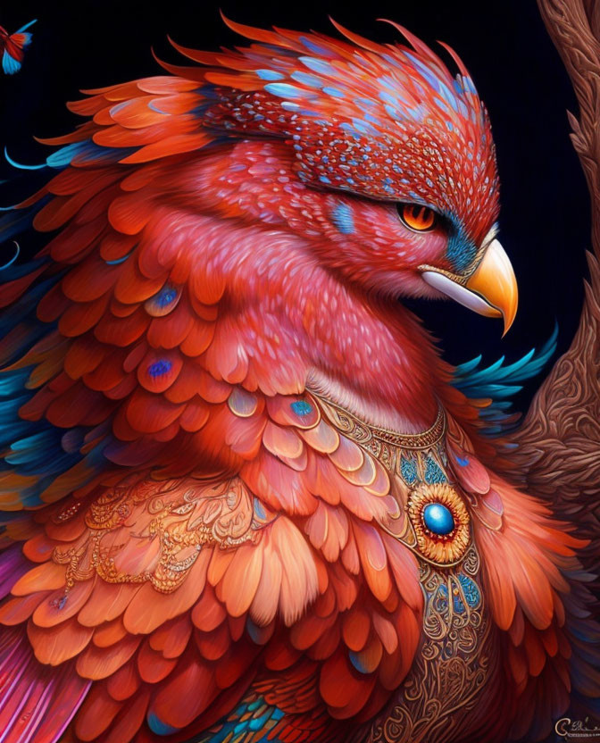 Colorful Fantastical Bird with Red and Blue Plumage and Intricate Feather Patterns