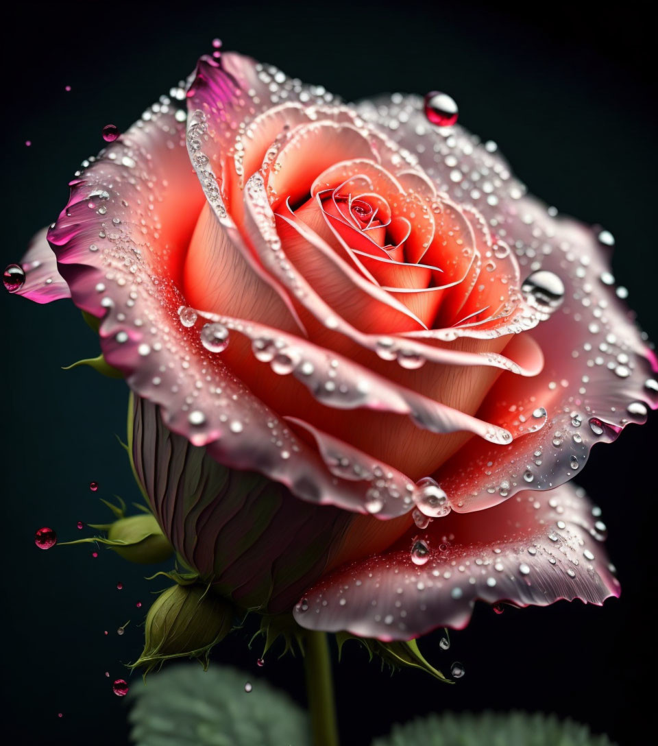 Pink Rose with Dewdrops on Dark Background