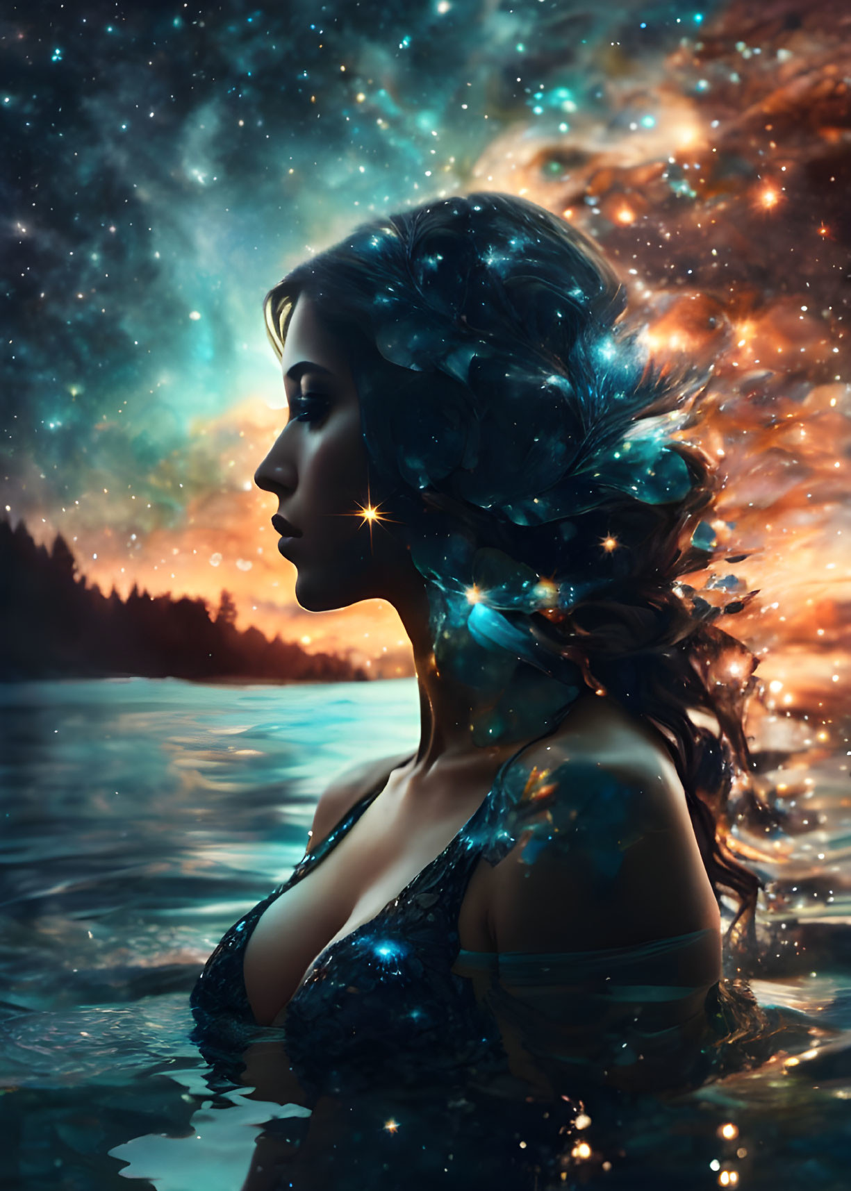 Woman's profile blending with starry nightscape in twilight forest.