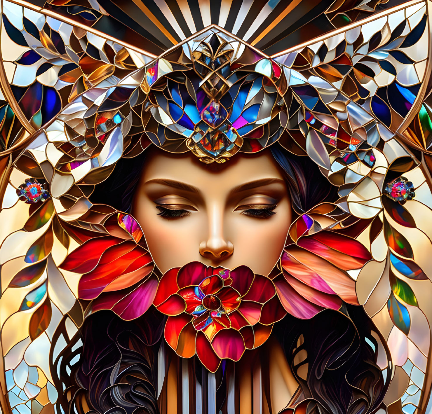 Colorful artwork of a woman with ornate accessories and floral motifs