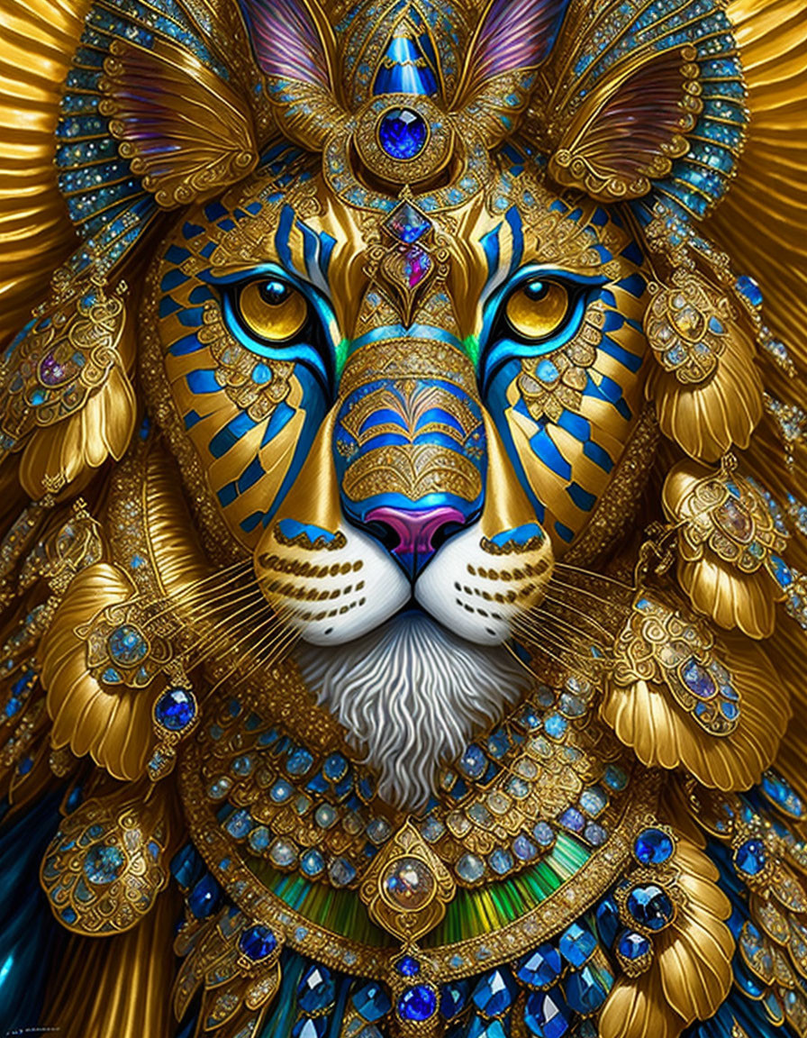 Regal lion with blue eyes in Egyptian-style adornments