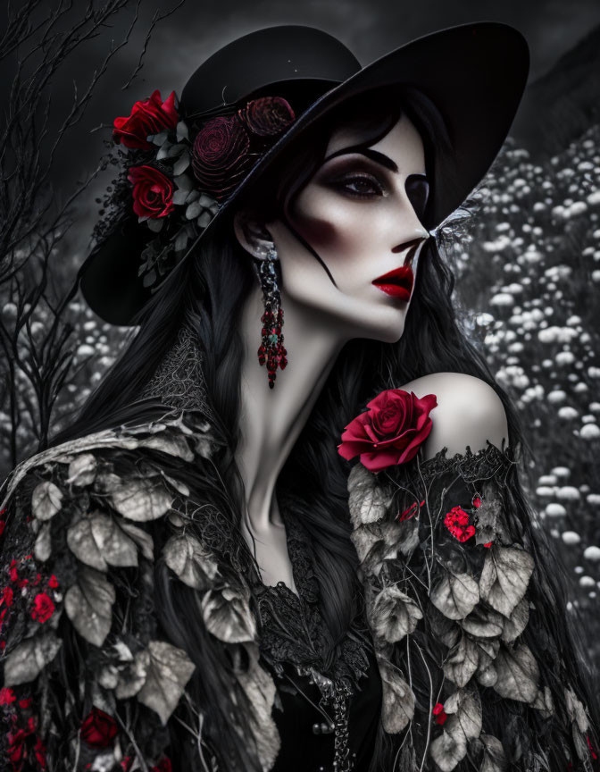 Woman in Black Hat with Roses and Red Lipstick on Monochromatic Floral Background