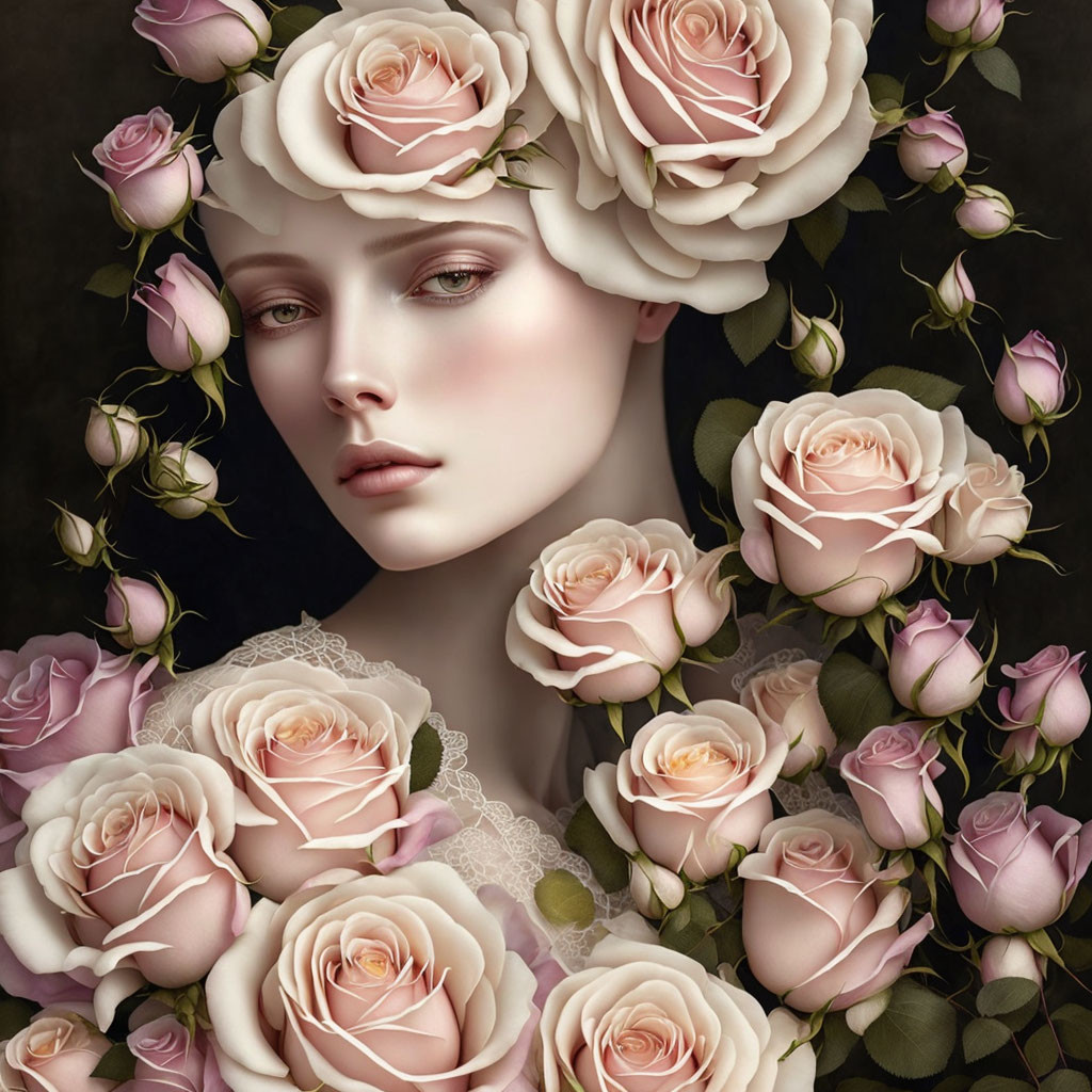 Woman portrait with pink rose wreath on dark background