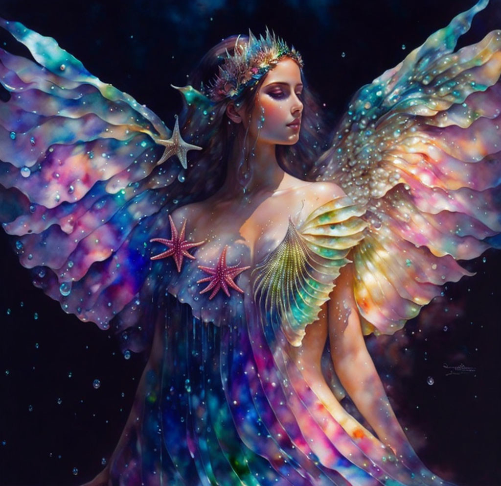 Fantastical illustration of woman with iridescent butterfly wings and starfish on cosmic backdrop.