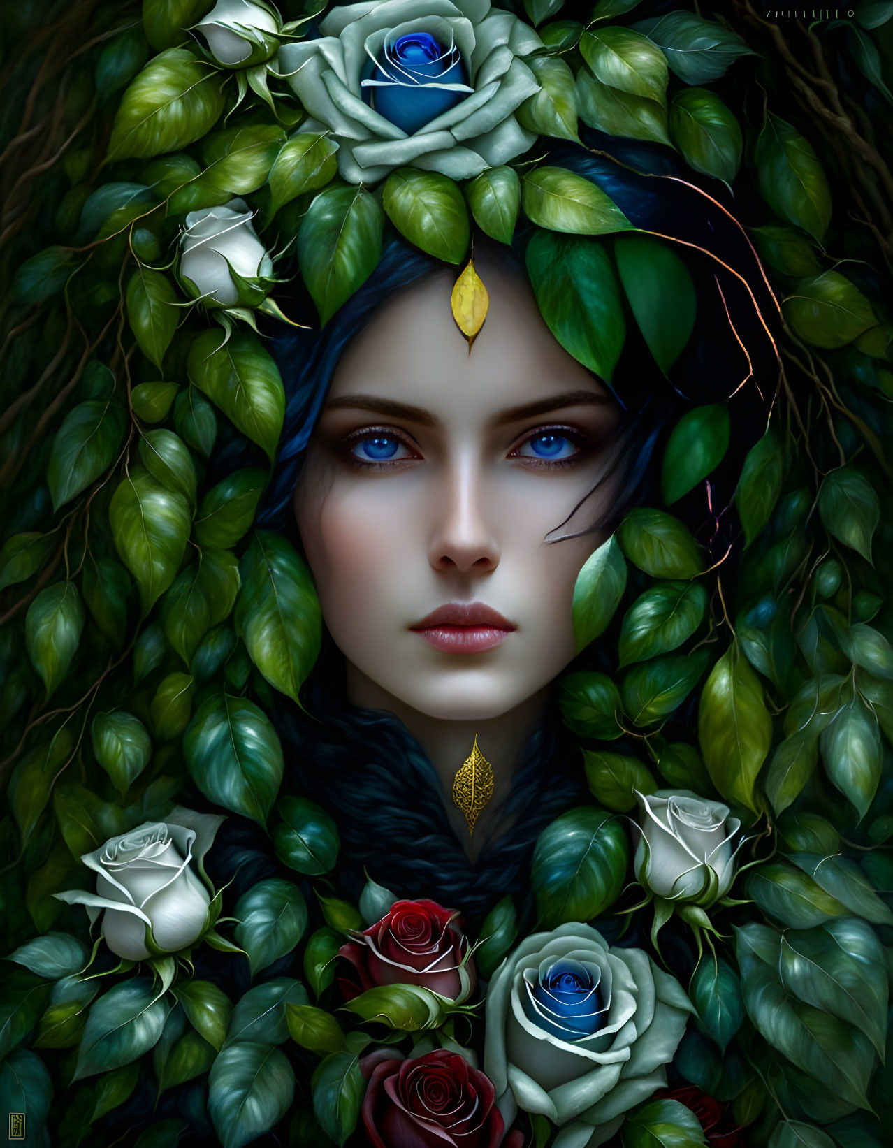 Digital Artwork: Woman's Face with Green Leaves, Colorful Roses, Blue Eyes, and Jew