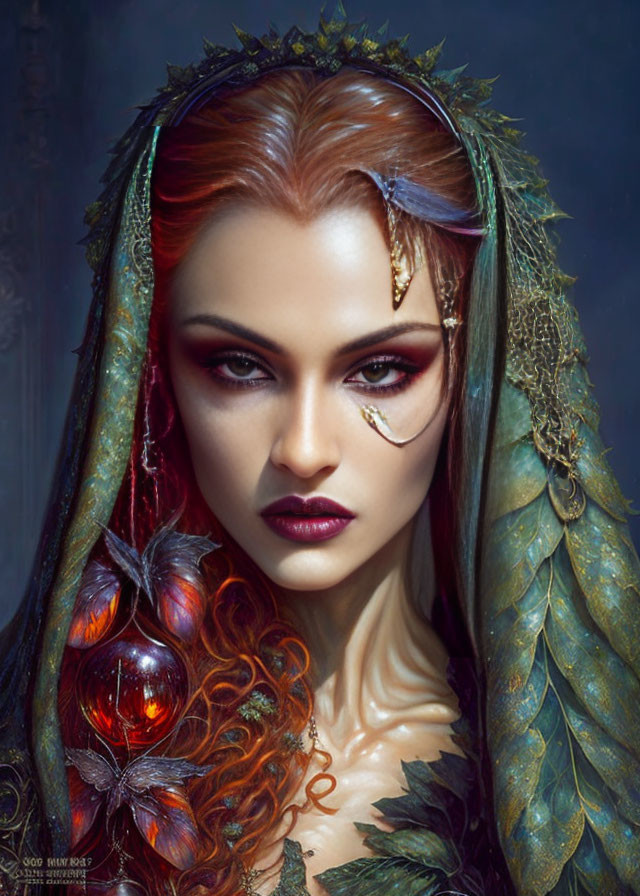 Fantasy portrait of woman with red hair, green and gold headwear, red lipstick, and mystical