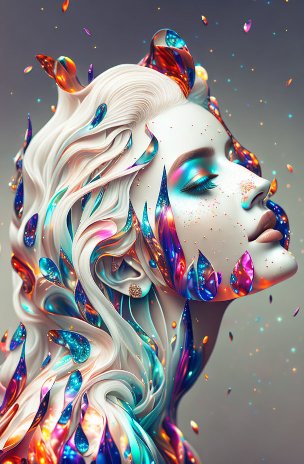 Ethereal digital artwork: woman with white hair and colorful crystals