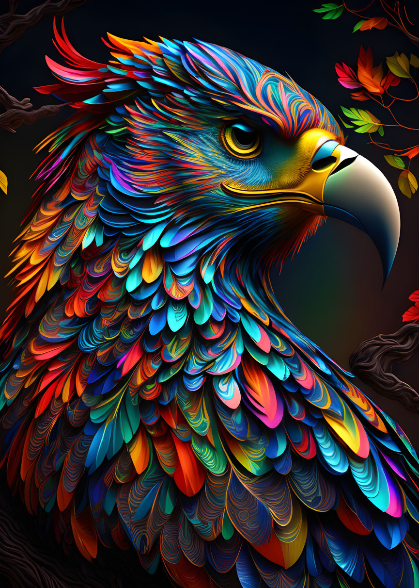 Colorful Eagle Artwork Against Dark Background with Autumn Leaves