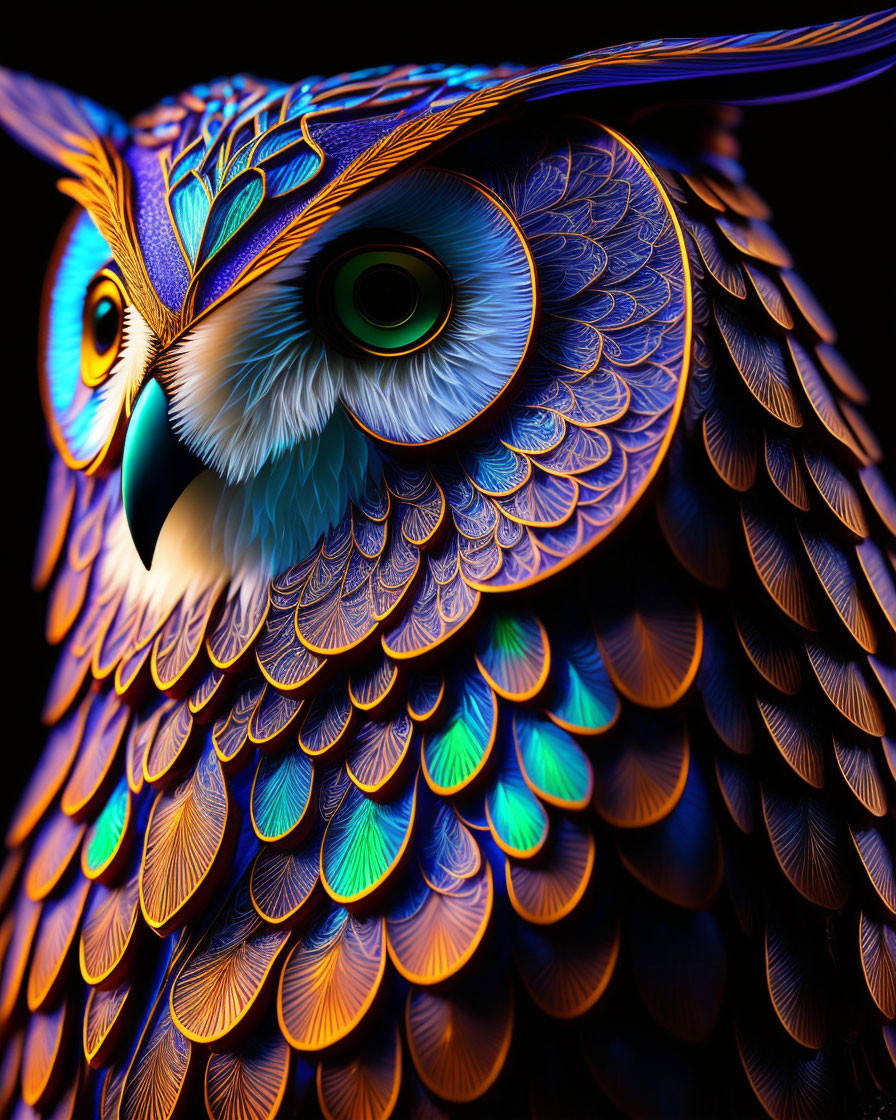 Colorful Owl Artwork with Blue, Orange, and Gold Feathers