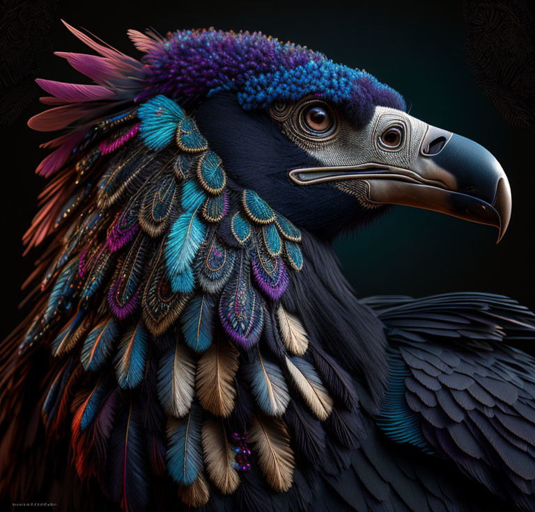 Stylized bird digital artwork with vibrant blue and purple feathers