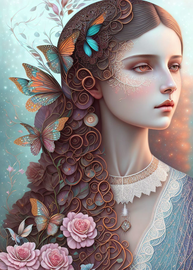 Digital artwork: Woman with intricate butterfly and floral hair design