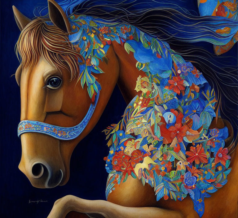 Colorful Horse Illustration with Intricate Floral Mane