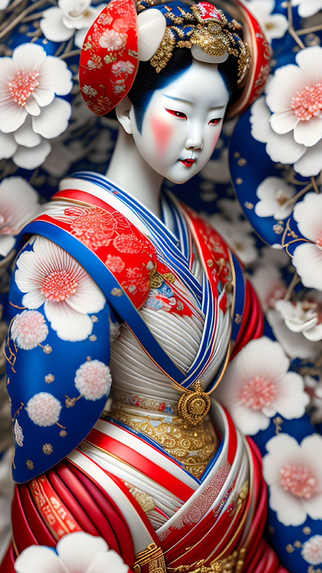 Vibrant Geisha Illustration in Blue and Red Kimono