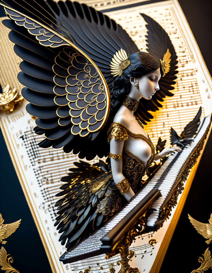 Woman with Black Feathered Wings and Golden Ornaments Emerges from Piano with Musical Score Background