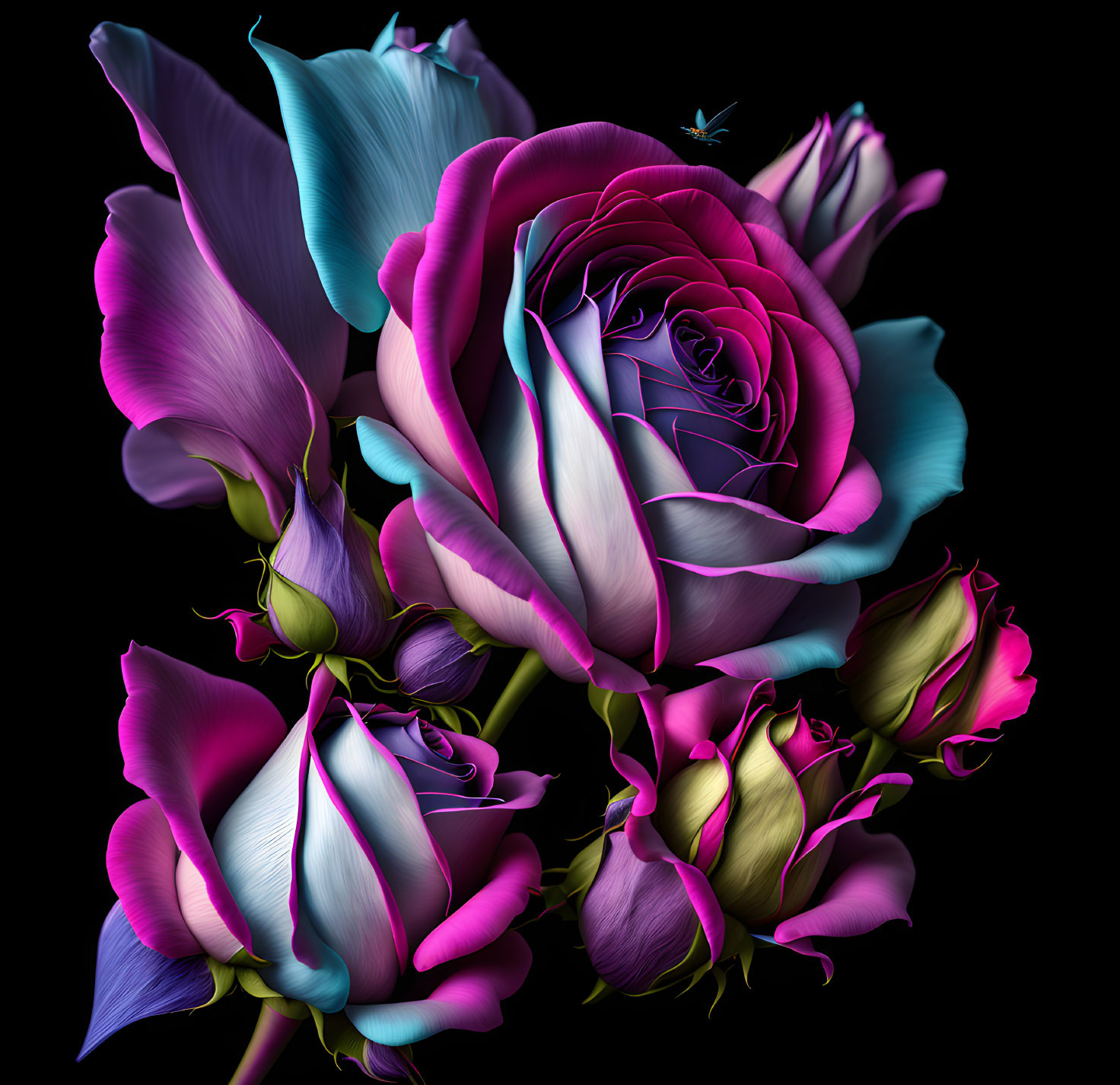 Multicolored Rose Bouquet with Gradient Petals on Dark Background