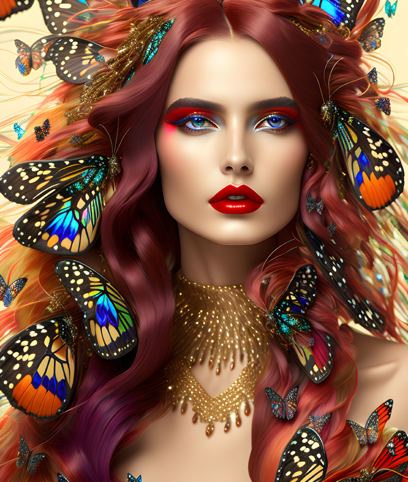 Colorful Butterfly Adorned Woman Digital Artwork