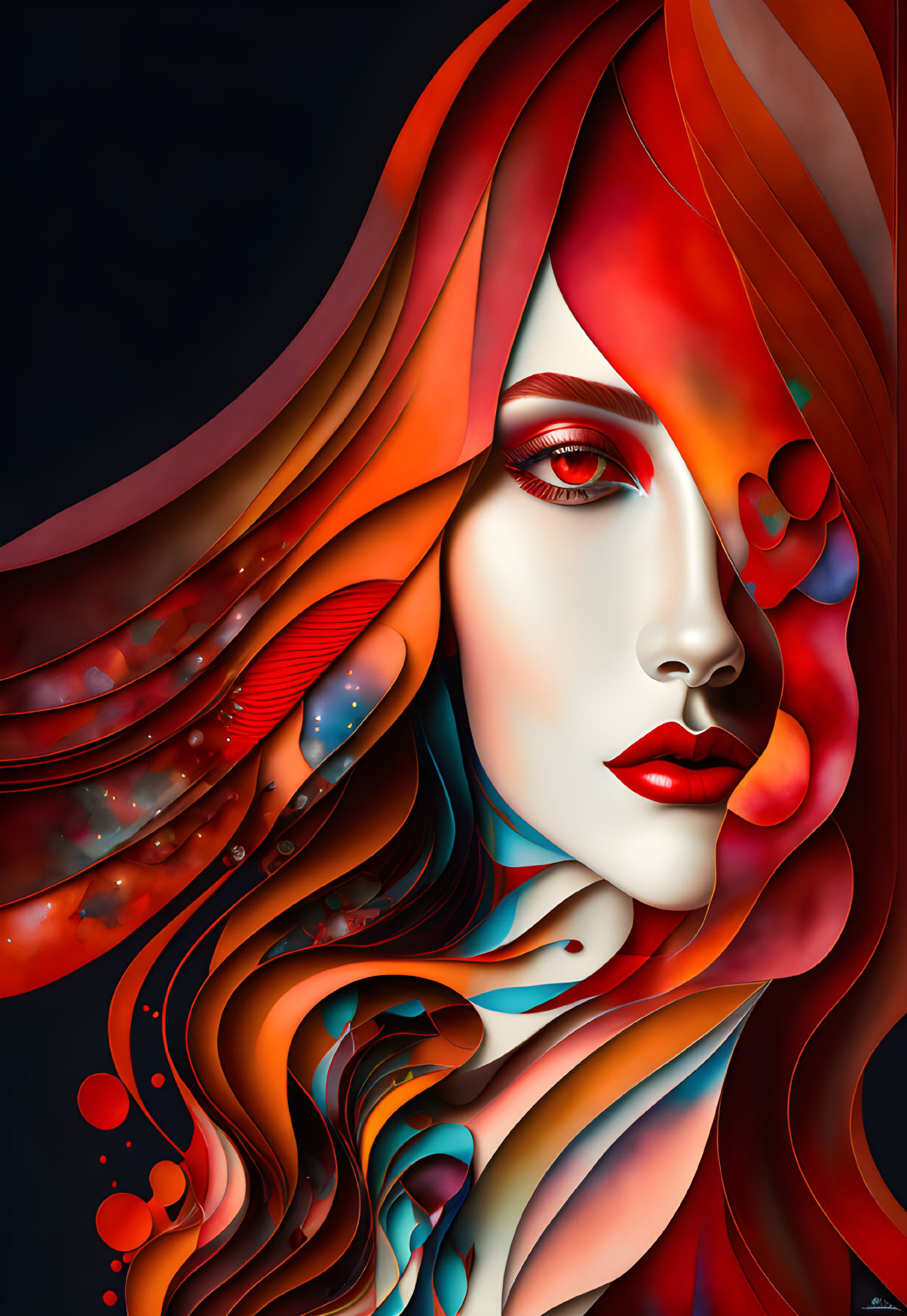 Vibrant stylized portrait: Woman with flowing red hair on dark background