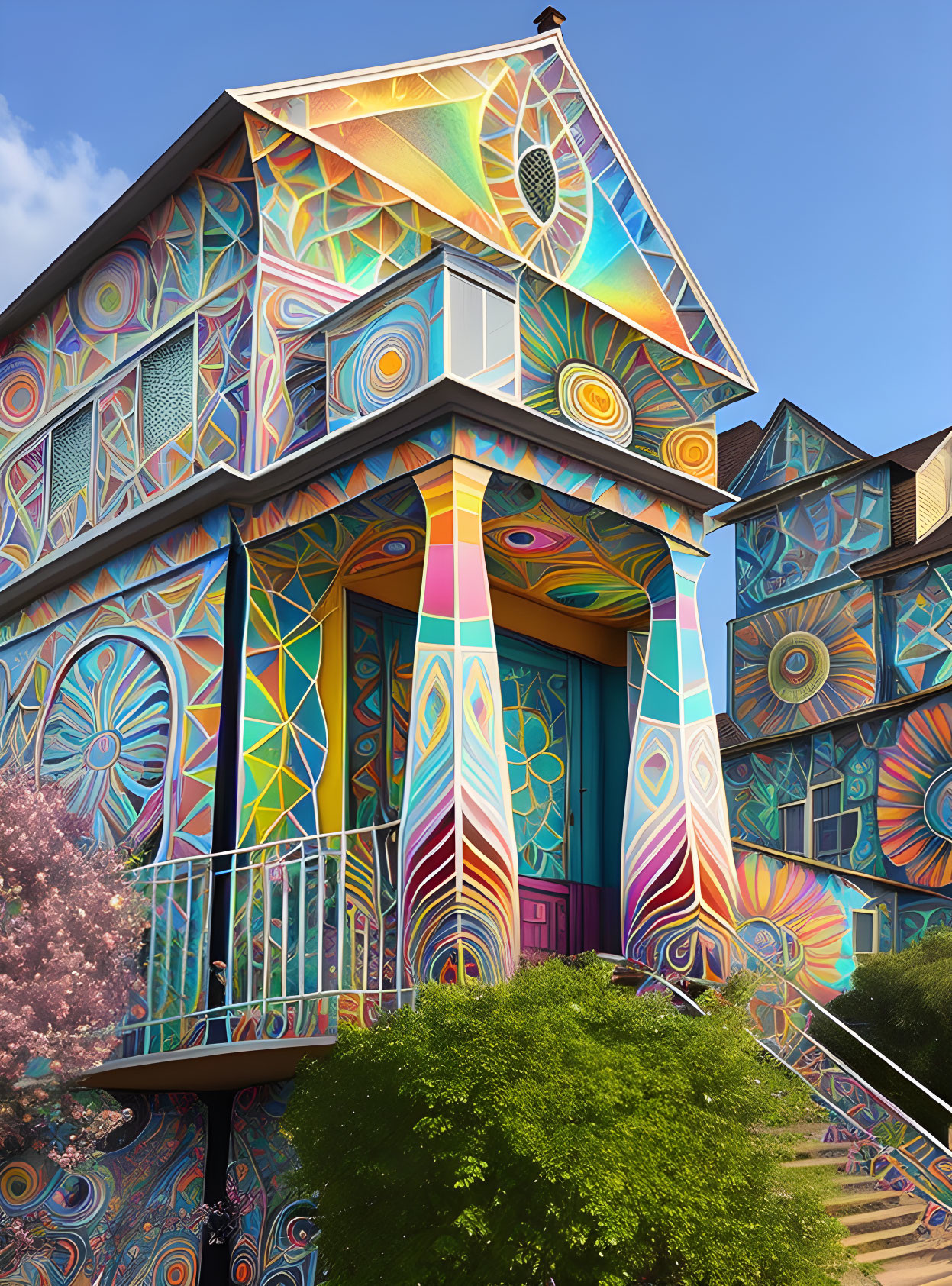 Colorful Geometric and Psychedelic Patterned House Under Clear Blue Sky