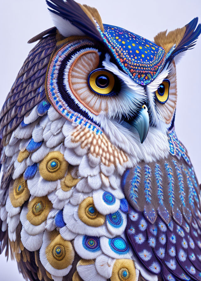 Detailed Owl Artwork with Peacock Feather Patterns