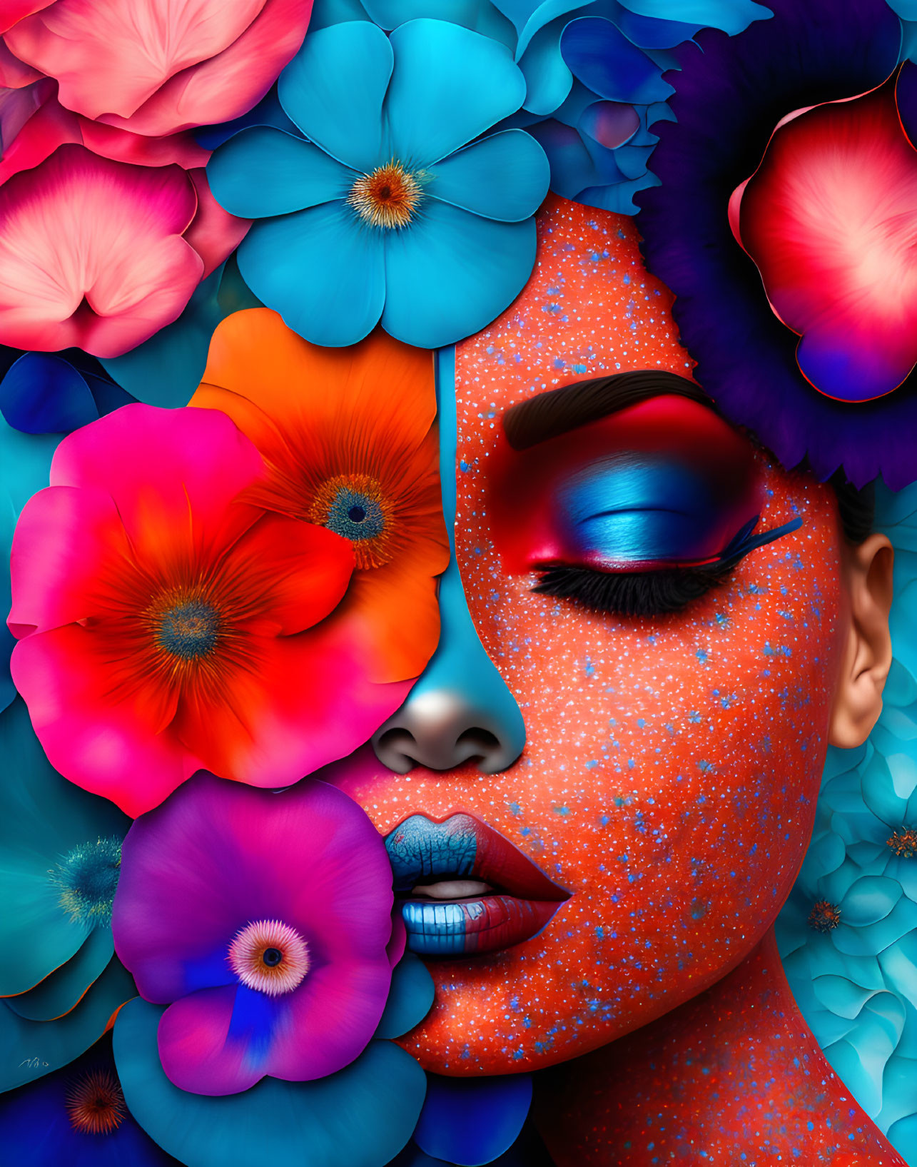 Colorful digital artwork: Woman's face with vibrant flowers, blue eyeshadow, and orange skin