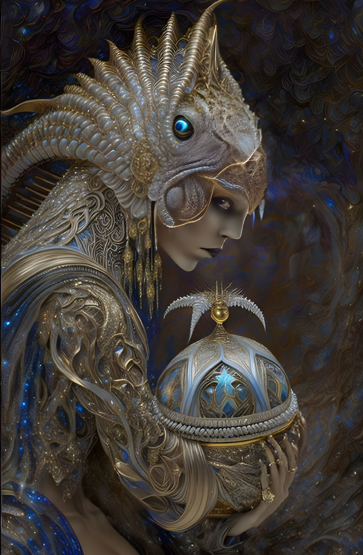 Intricate fantasy character in gold and blue costume with elaborate armor and headdress holding mysterious orb