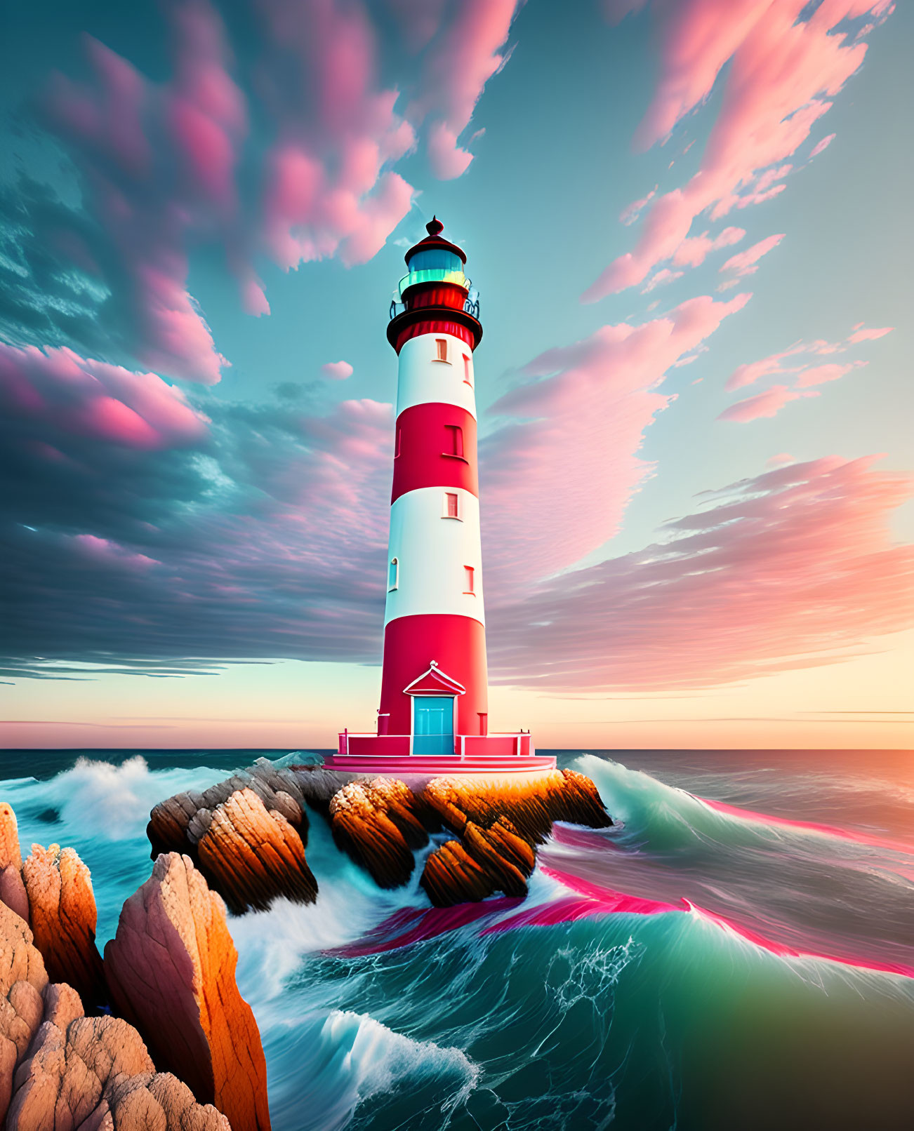 Striped red and white lighthouse on rocky shore at colorful sunset beach