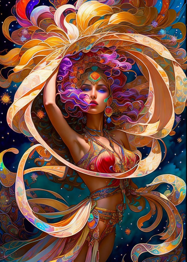 Colorful illustration of woman with intricate hair and attire against cosmic background