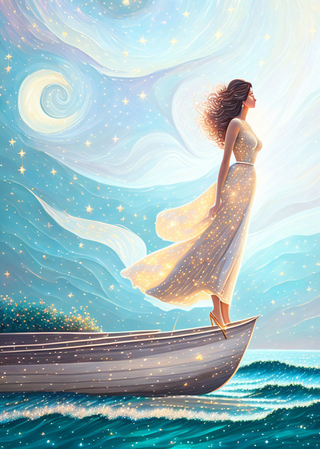 Woman in Glittering Gown on Boat Under Starry Sky