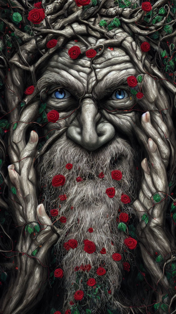 Illustration of wise, bearded entity blending with branches and roses