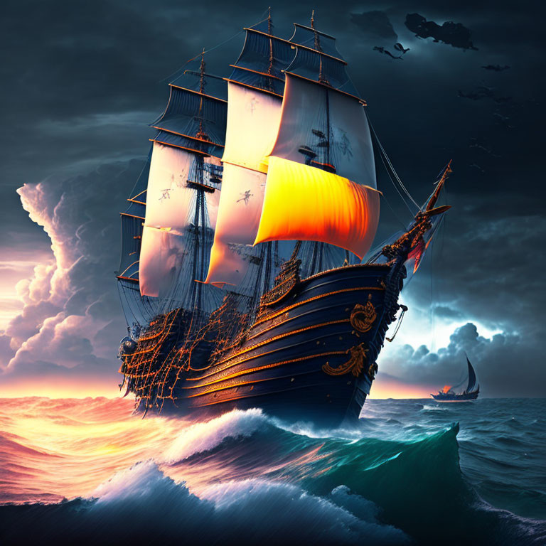 Majestic sailing ship with illuminated sails in stormy seas at sunset