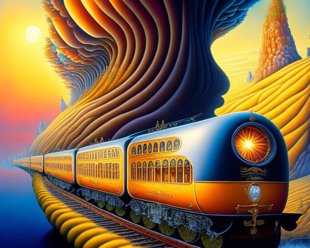 Surrealist painting: Blue train on tracks in fantastical landscape