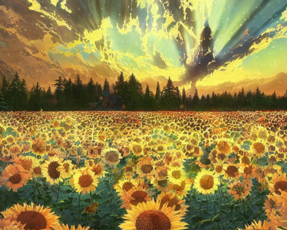 Sunflower Field Painting with Sunset Sky and Forest Background