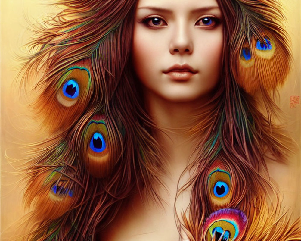 Digital painting of woman with peacock feathers in hair emitting warm glow