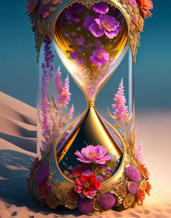 Ornate hourglass with vibrant flowers and plants against warm sand dunes