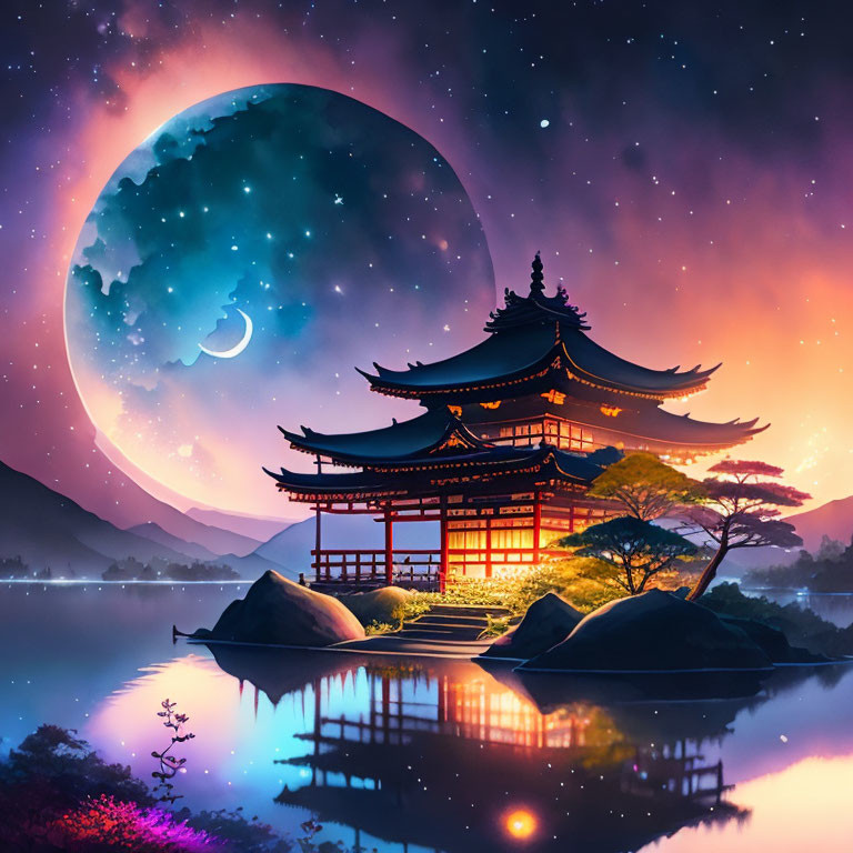 Traditional Asian pagoda by lake under large moon in colorful twilight sky