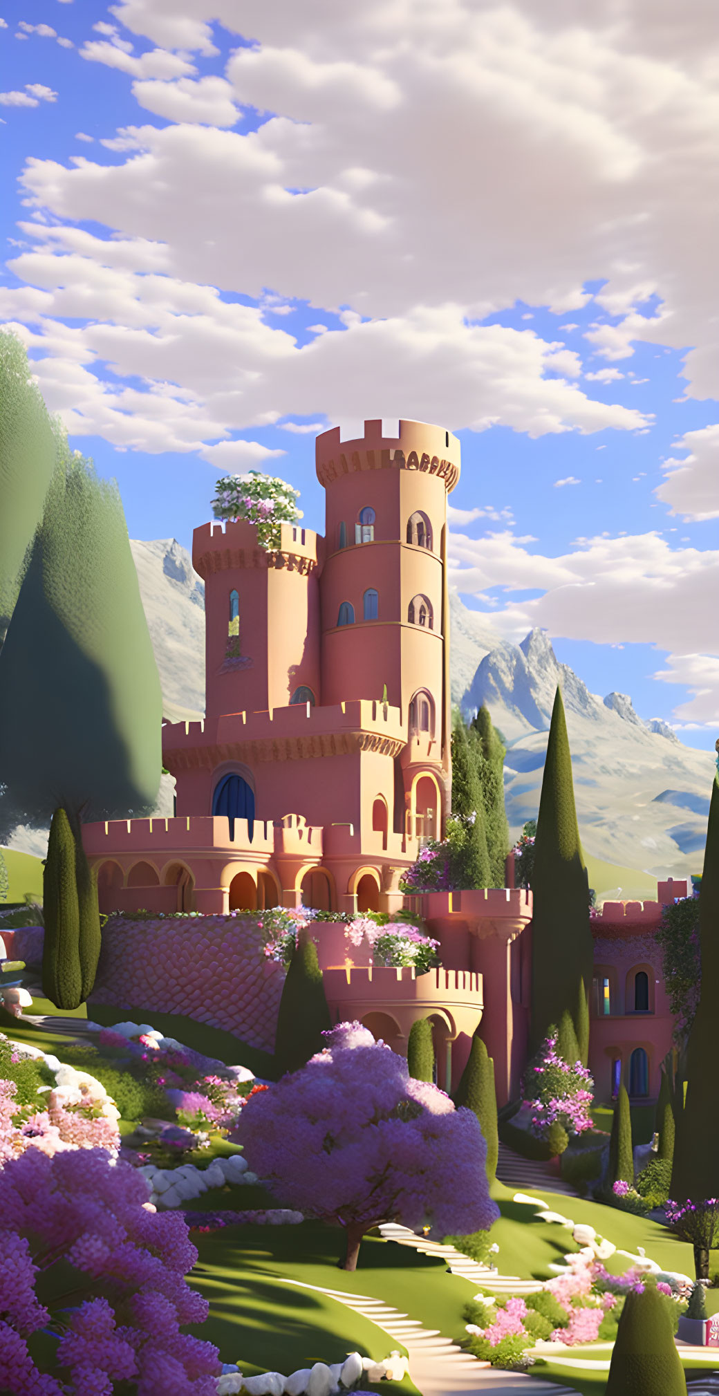 Pink castle in lush landscape with mountains and clear sky