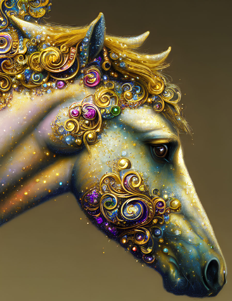 Detailed horse head illustration with cosmic patterns and golden ornaments