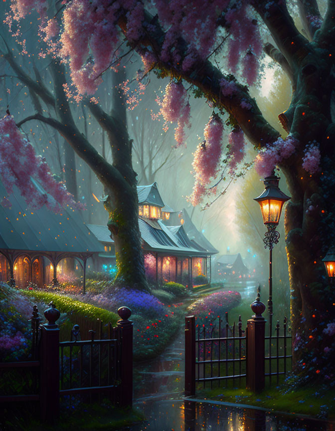 Enchanting Twilight Scene: Glowing Cottages, Cherry Blossoms, and Whimsical