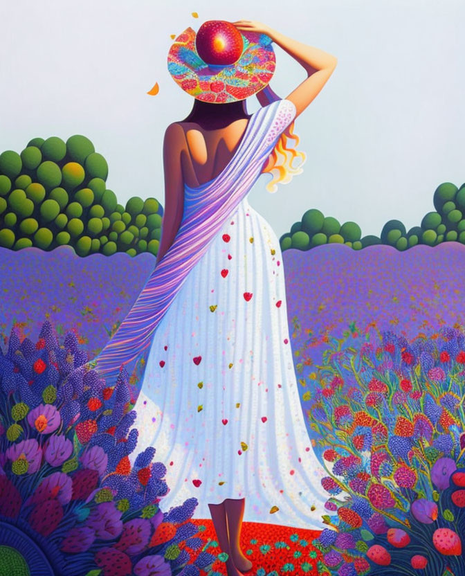 Colorful Woman in White Dress with Red Accents Holding Hat in Floral Landscape