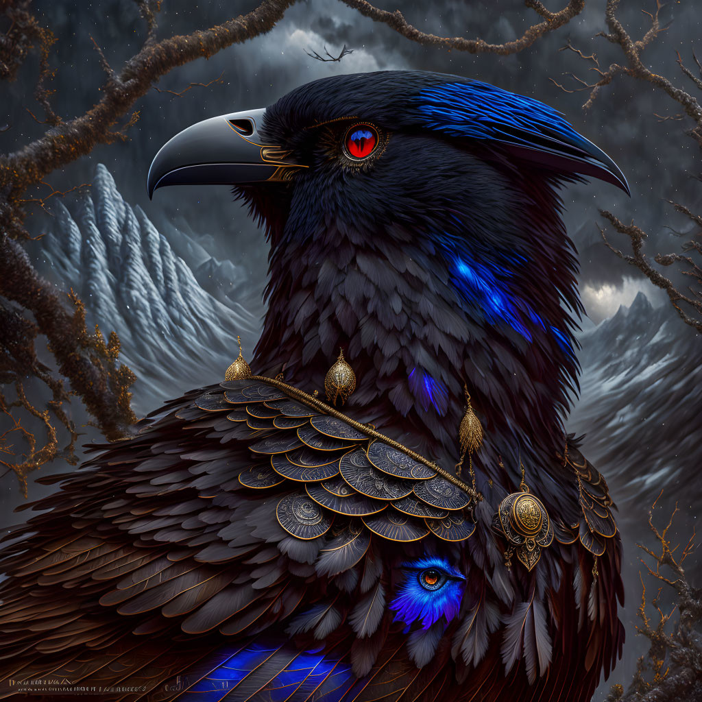 Detailed fantasy raven with blue plumage, red eyes, golden ornaments, mountain backdrop